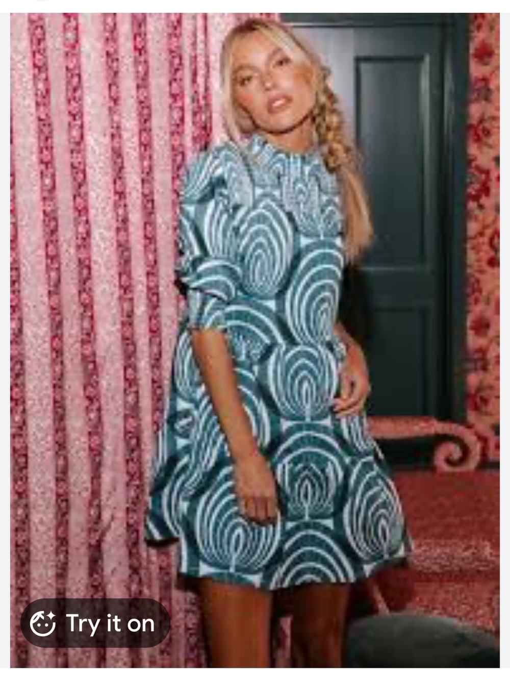 Women's Teal and White Smocked Neck Tiered Dress